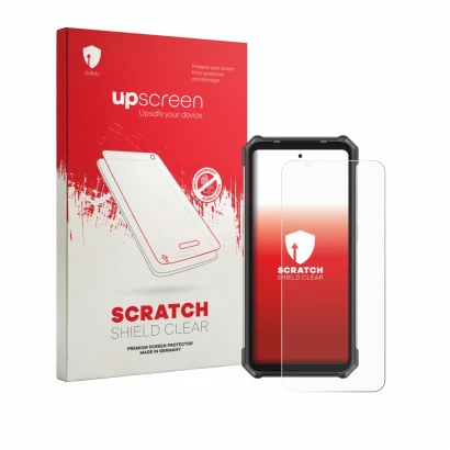 Parte frontale di una confezione del prodotto con il logo del marchio upscreen. Accanto è raffigurato il dispositivo Ulefone R