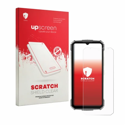 Parte frontale di una confezione del prodotto con il logo del marchio upscreen. Accanto è raffigurato il dispositivo Doogee Fi