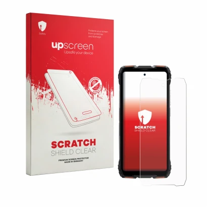 Parte frontale di una confezione del prodotto con il logo del marchio upscreen. Accanto è raffigurato il dispositivo Blackview