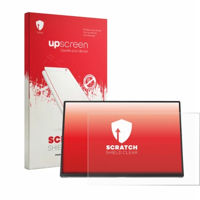 Parte frontale di una confezione del prodotto con il logo del marchio upscreen. Accanto è raffigurato il dispositivo ASUS ZenS