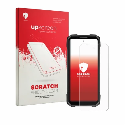 Parte frontale di una confezione del prodotto con il logo del marchio upscreen. Accanto è raffigurato il dispositivo Doogee V