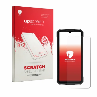 Parte frontale di una confezione del prodotto con il logo del marchio upscreen. Accanto è raffigurato il dispositivo Doogee Fi