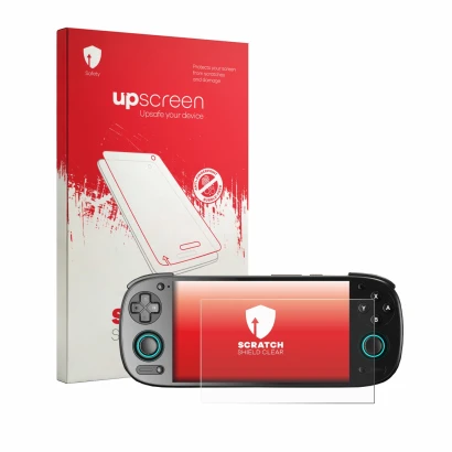 Parte frontale di una confezione del prodotto con il logo del marchio upscreen. Accanto è raffigurato il dispositivo Retroid P