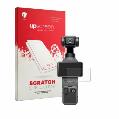 Parte frontale di una confezione del prodotto con il logo del marchio upscreen. Accanto è raffigurato il dispositivo DJI Osmo