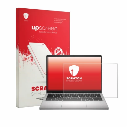 Parte frontale di una confezione del prodotto con il logo del marchio upscreen. Accanto è raffigurato il dispositivo Dell Dell