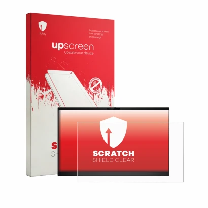 Parte frontale di una confezione del prodotto con il logo del marchio upscreen. Accanto è raffigurato il dispositivo Dell Pro 