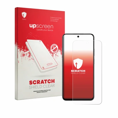 Parte frontale di una confezione del prodotto con il logo del marchio upscreen. Accanto è raffigurato il dispositivo realme C1