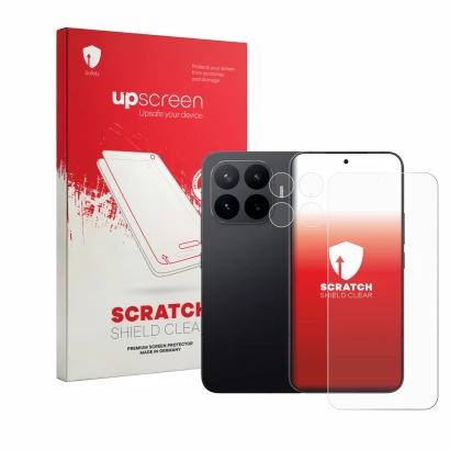 Parte frontale di una confezione del prodotto con il logo del marchio upscreen. Accanto è raffigurato il dispositivo Xiaomi 17