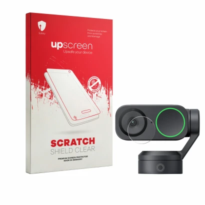 Parte frontale di una confezione del prodotto con il logo del marchio upscreen. Accanto è raffigurato il dispositivo Insta360