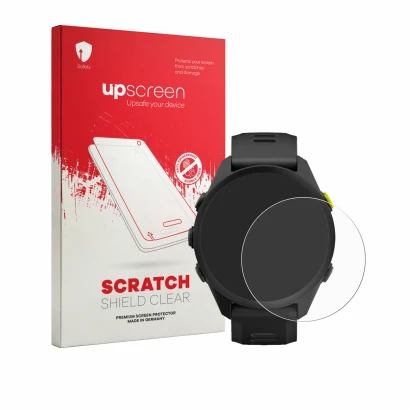 Parte frontale di una confezione del prodotto con il logo del marchio upscreen. Accanto è raffigurato il dispositivo Garmin Fo