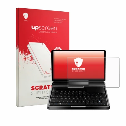 Parte frontale di una confezione del prodotto con il logo del marchio upscreen. Accanto è raffigurato il dispositivo GPD Micro