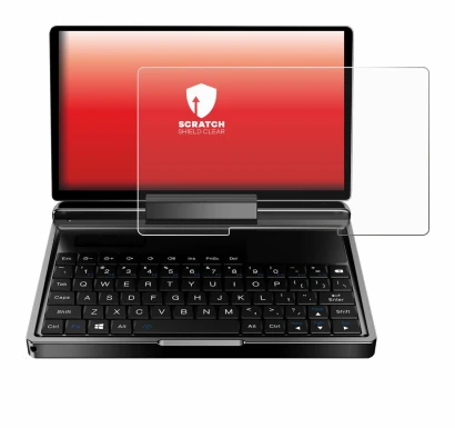 Immagine del dispositivo GPD MicroPC 2 con un'ampia varietà di protezioni per lo schermo.