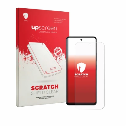 Parte frontale di una confezione del prodotto con il logo del marchio upscreen. Accanto è raffigurato il dispositivo Infinix H