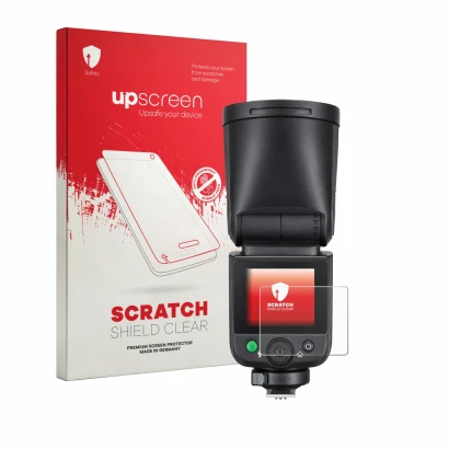 Parte frontale di una confezione del prodotto con il logo del marchio upscreen. Accanto è raffigurato il dispositivo Godox V1