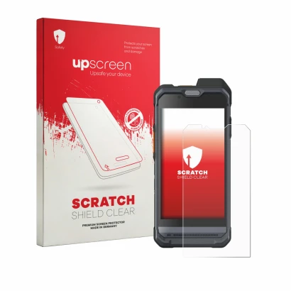 Parte frontale di una confezione del prodotto con il logo del marchio upscreen. Accanto è raffigurato il dispositivo Hytera PN