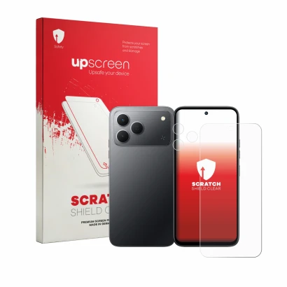 Parte frontale di una confezione del prodotto con il logo del marchio upscreen. Accanto è raffigurato il dispositivo Tecno Spa