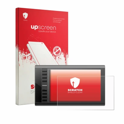 Parte frontale di una confezione del prodotto con il logo del marchio upscreen. Accanto è raffigurato il dispositivo Ugee M708