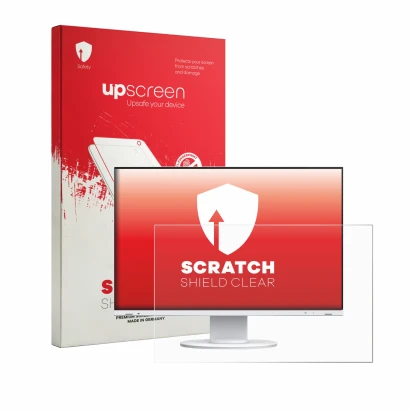 Parte frontale di una confezione del prodotto con il logo del marchio upscreen. Accanto è raffigurato il dispositivo Eizo Flex