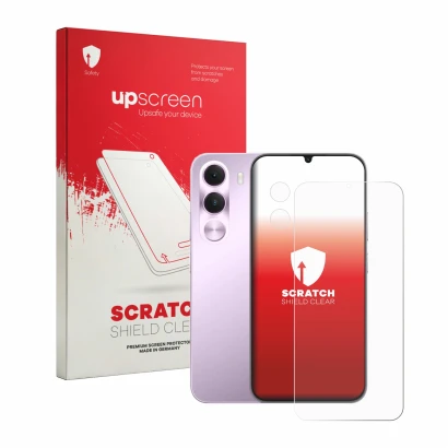 Parte frontale di una confezione del prodotto con il logo del marchio upscreen. Accanto è raffigurato il dispositivo realme C1