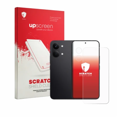 Parte frontale di una confezione del prodotto con il logo del marchio upscreen. Accanto è raffigurato il dispositivo Xiaomi Po