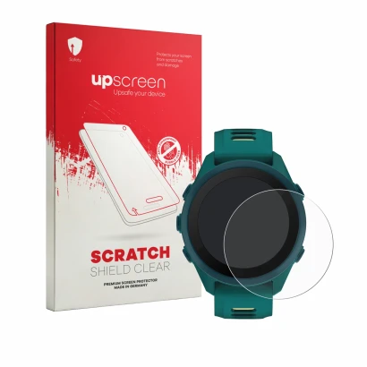 Parte frontale di una confezione del prodotto con il logo del marchio upscreen. Accanto è raffigurato il dispositivo Garmin Fo
