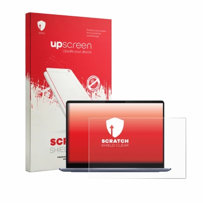 Parte frontale di una confezione del prodotto con il logo del marchio upscreen. Accanto è raffigurato il dispositivo Dell 14S