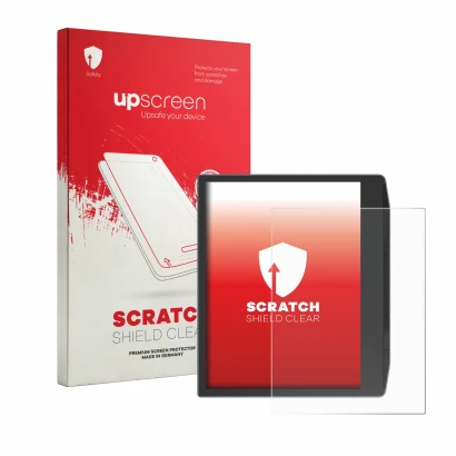 Parte frontale di una confezione del prodotto con il logo del marchio upscreen. Accanto è raffigurato il dispositivo PocketBoo