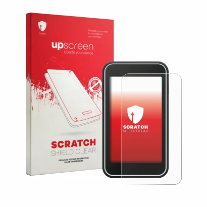 Parte frontale di una confezione del prodotto con il logo del marchio upscreen. Accanto è raffigurato il dispositivo Shot Scop