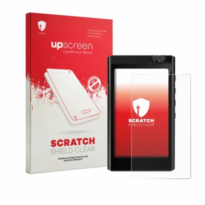 Parte frontale di una confezione del prodotto con il logo del marchio upscreen. Accanto è raffigurato il dispositivo Surfans F