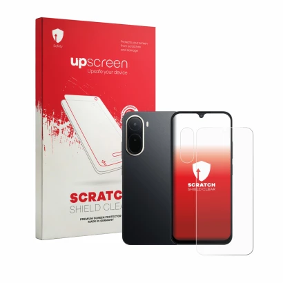 Parte frontale di una confezione del prodotto con il logo del marchio upscreen. Accanto è raffigurato il dispositivo Xiaomi Re