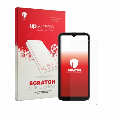 Parte frontale di una confezione del prodotto con il logo del marchio upscreen. Accanto è raffigurato il dispositivo Doogee Bl