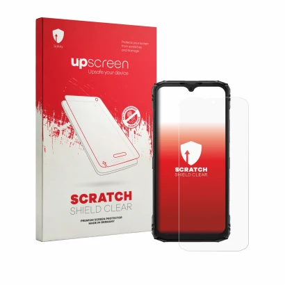 Parte frontale di una confezione del prodotto con il logo del marchio upscreen. Accanto è raffigurato il dispositivo Doogee Bl