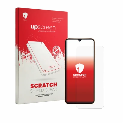 Parte frontale di una confezione del prodotto con il logo del marchio upscreen. Accanto è raffigurato il dispositivo Hotwav A1