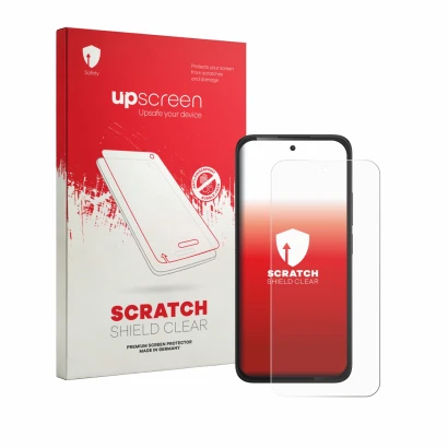 Parte frontale di una confezione del prodotto con il logo del marchio upscreen. Accanto è raffigurato il dispositivo TCL K70 4