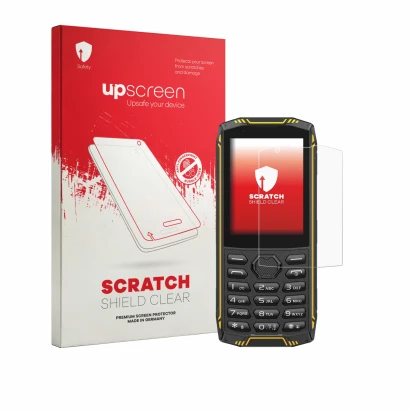 Parte frontale di una confezione del prodotto con il logo del marchio upscreen. Accanto è raffigurato il dispositivo Ulefone A