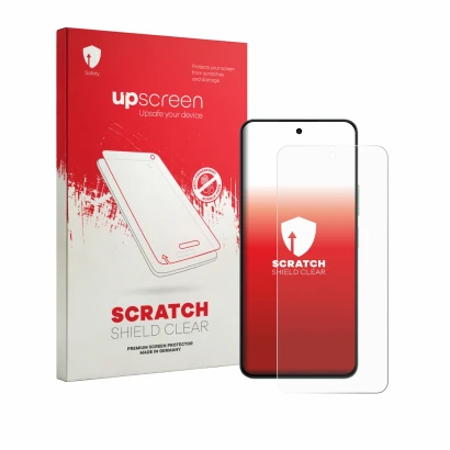 Parte frontale di una confezione del prodotto con il logo del marchio upscreen. Accanto è raffigurato il dispositivo OnePlus T