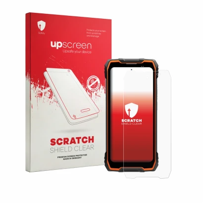 Parte frontale di una confezione del prodotto con il logo del marchio upscreen. Accanto è raffigurato il dispositivo Blackview