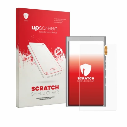 Parte frontale di una confezione del prodotto con il logo del marchio upscreen. Accanto è raffigurato il dispositivo Hifi Walk