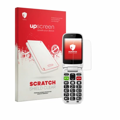 Parte frontale di una confezione del prodotto con il logo del marchio upscreen. Accanto è raffigurato il dispositivo true S70
