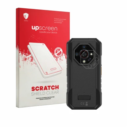Parte frontale di una confezione del prodotto con il logo del marchio upscreen. Accanto è raffigurato il dispositivo Ulefone A