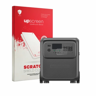 Parte frontale di una confezione del prodotto con il logo del marchio upscreen. Accanto è raffigurato il dispositivo Bluetti E