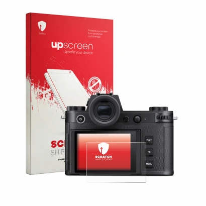 Parte frontale di una confezione del prodotto con il logo del marchio upscreen. Accanto è raffigurato il dispositivo Leica SL3
