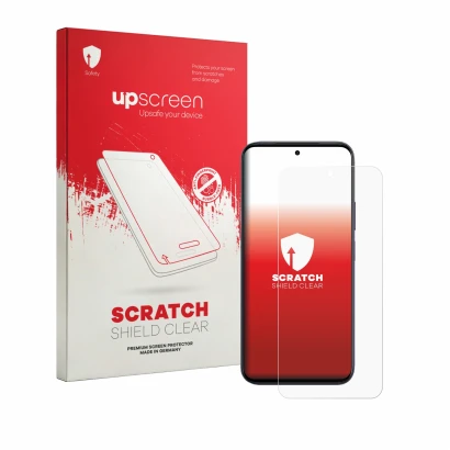 Parte frontale di una confezione del prodotto con il logo del marchio upscreen. Accanto è raffigurato il dispositivo Vivo Y6a 