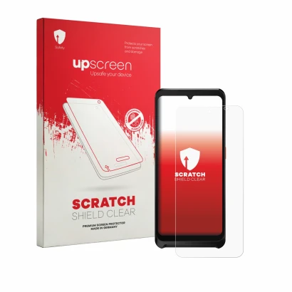 Parte frontale di una confezione del prodotto con il logo del marchio upscreen. Accanto è raffigurato il dispositivo Sunmi P3