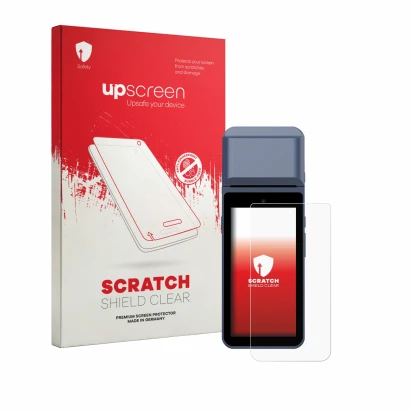 Parte frontale di una confezione del prodotto con il logo del marchio upscreen. Accanto è raffigurato il dispositivo Pax M9200