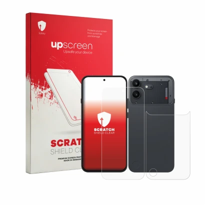 Parte frontale di una confezione del prodotto con il logo del marchio upscreen. Accanto è raffigurato il dispositivo Nothing P