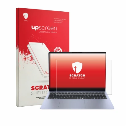 Parte frontale di una confezione del prodotto con il logo del marchio upscreen. Accanto è raffigurato il dispositivo Dell 16S