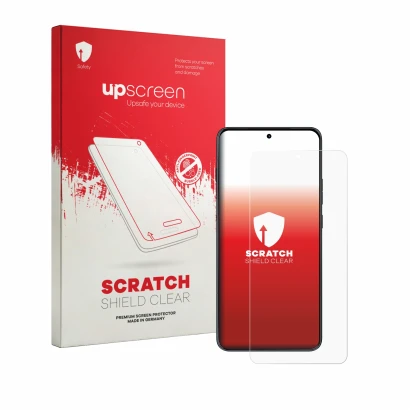 Parte frontale di una confezione del prodotto con il logo del marchio upscreen. Accanto è raffigurato il dispositivo Motorola