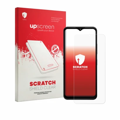 Parte frontale di una confezione del prodotto con il logo del marchio upscreen. Accanto è raffigurato il dispositivo HMD Arc c