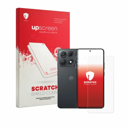 Parte frontale di una confezione del prodotto con il logo del marchio upscreen. Accanto è raffigurato il dispositivo Motorola